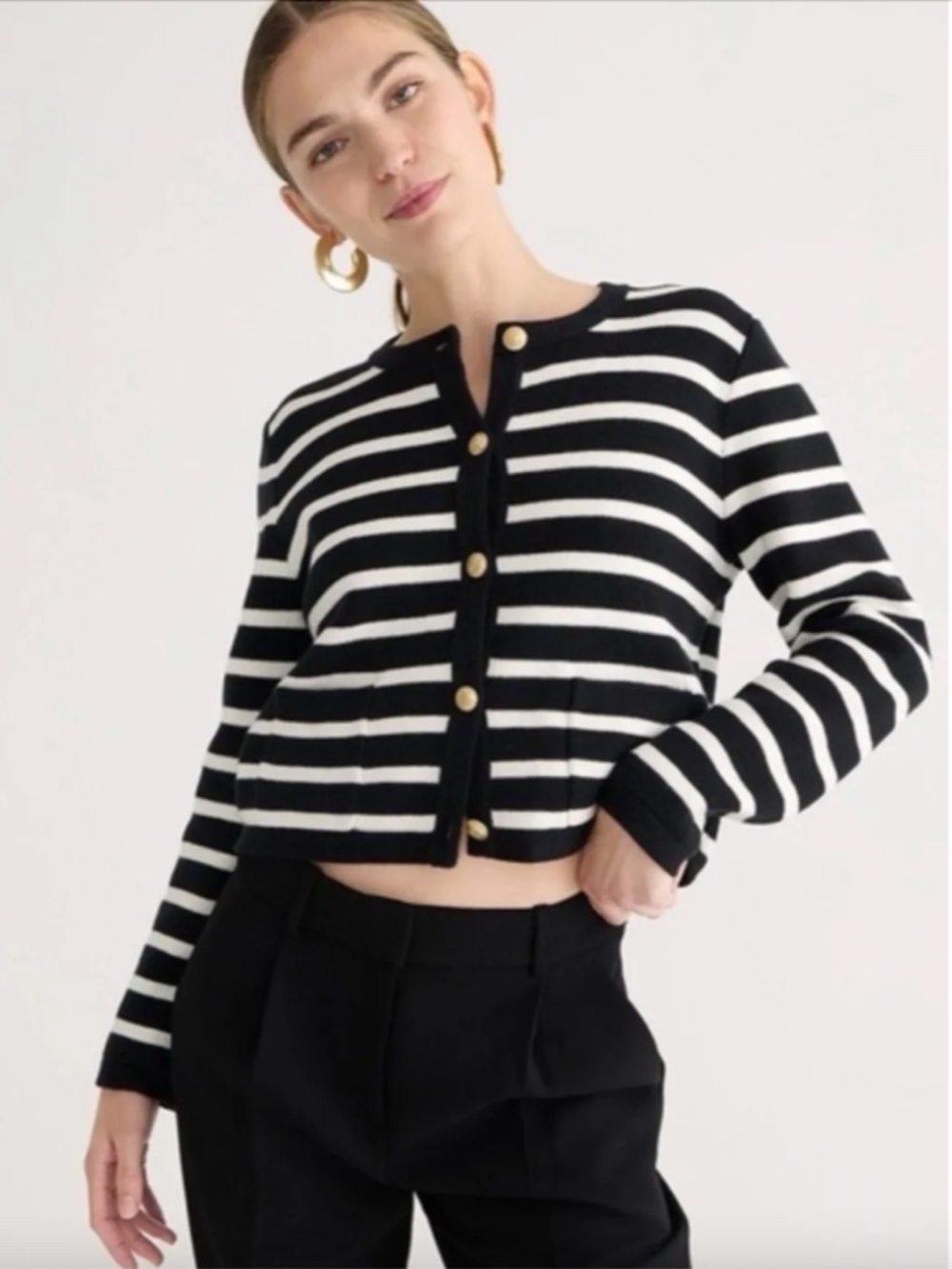J. Crew Emilie Sweater Lady Jacket in Black and White Stripe, Size Medium Preppy